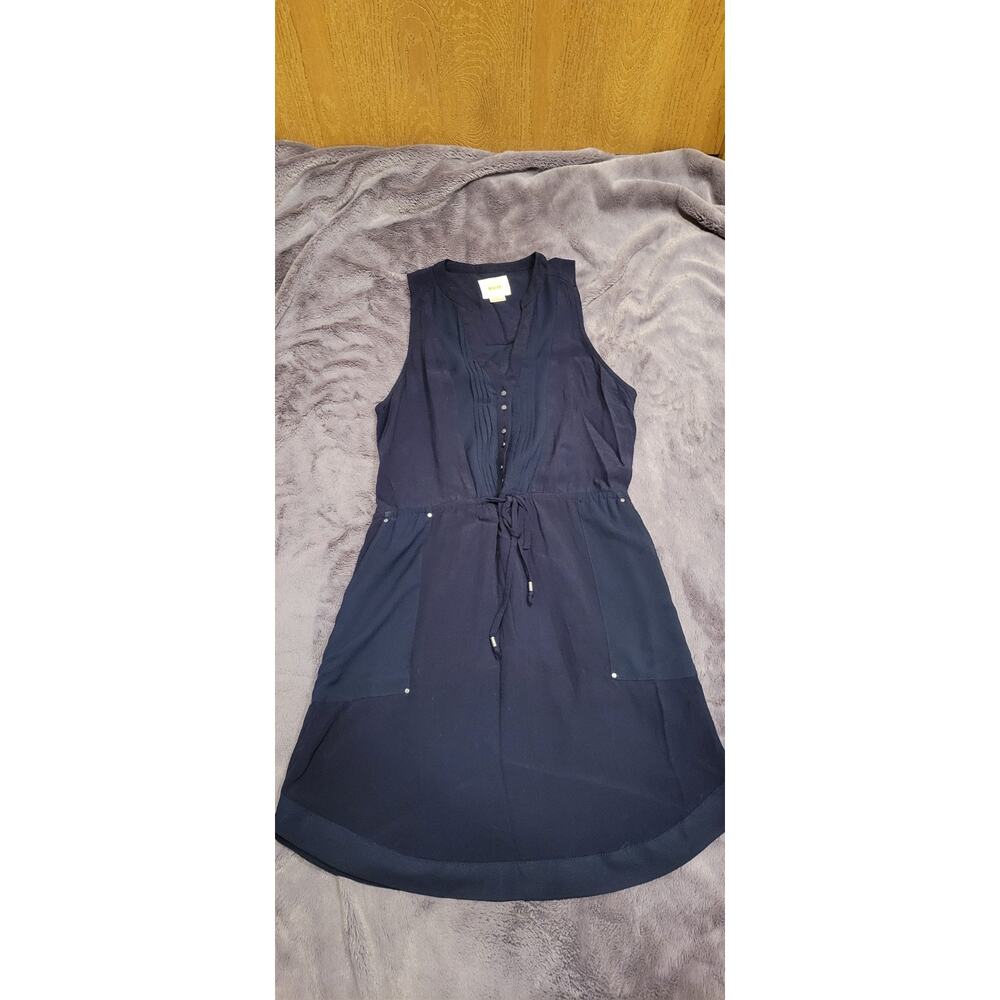 Mauve Anthropologie Dress Womens XS Navy Sleeveless Pintuck Tie Waist Pockets